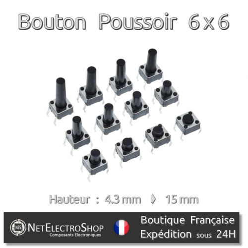 Bouton Poussoir Miniature 6 x 6 mm, Hauteur 4.3 à 15 mm, 5 à 20 pcs, Assortiment - Picture 1 of 16