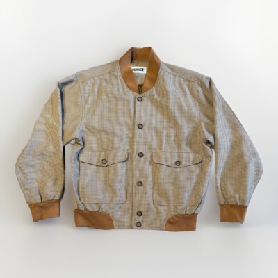 Vintage Apache Houndstooth Plaid Bomber Jacket Men s Large Button Up Brown Beige