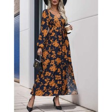 Split Printed Surplice Long Sleeve Midi Dress