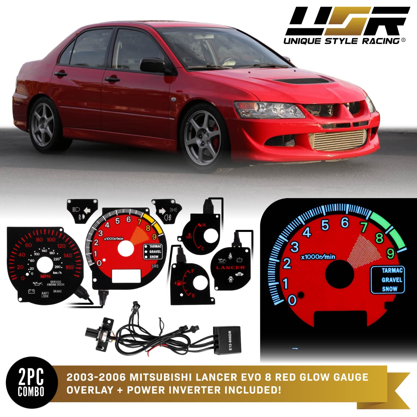 Ferrari Style Glow Gauge RED Overlay For 03-06 Mitsubishi Lancer EVO 8