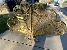 Vintage Brass Plated Fireplace Screen Folding Lady Head Clam Screen