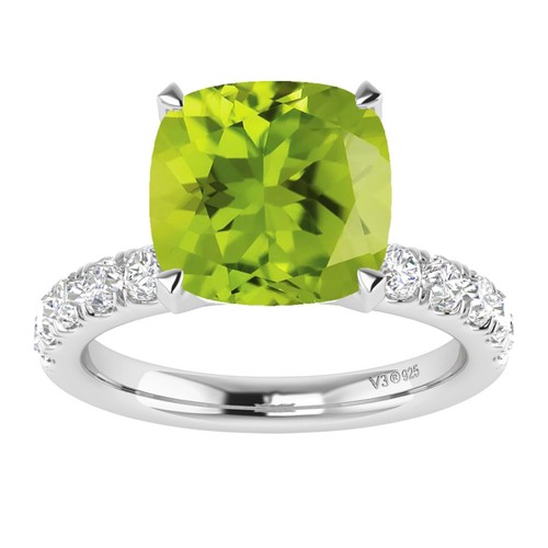 3.25Ct Cushion Natural Green Peridot 14k White Gold Plated 925 Engagement Ring 7 - 第 1/6 張圖片