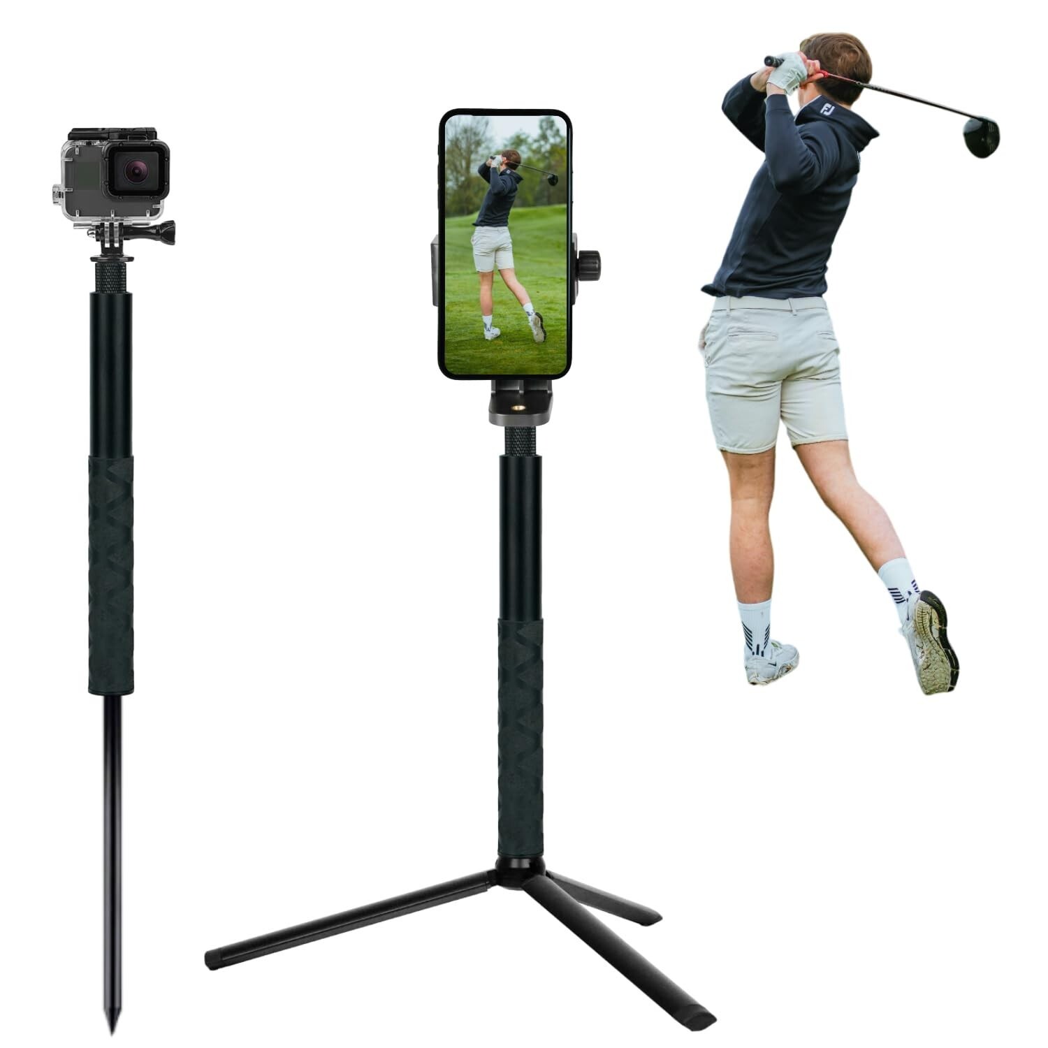 Golf Tripod and Monopod Selfie Stick with Ground Spike Stake, Golf Swing Anal...