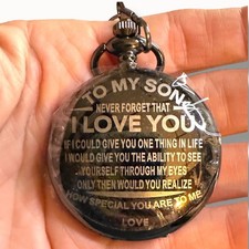 Engraved Pocket Watch With Chain - "To My Son" Sentimental Message - Quartz Move