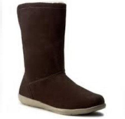NWT Crocs Women's Adela Foldover Fuzz Snow Boot, Mahogany/Khaki Suede, Size 6