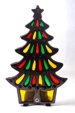 Christmas Tree Candle/Votive Holder Cast Iron & Stained-Glass Vintage 7.5"