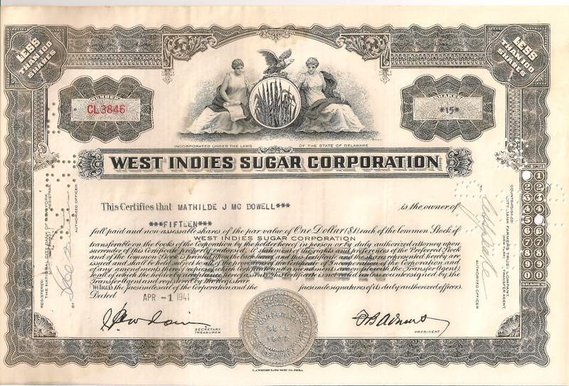 #A1423 West Indies Sugar Corporation stock certificate 1941 Mathilde J. McDowell