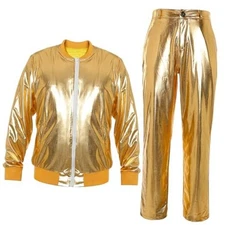 Men's Metallic Jacket and Pants Set Jacket Men Straight Leg Medium Gold