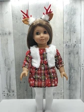 Holiday, "Christmas Plaid” Dress, Vest, Tights, Shoes~❤️Reindeer Ears, 18" Dolls