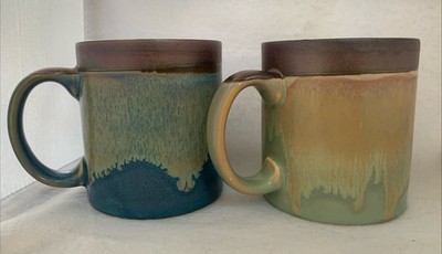 La Rochelle Coffee Mug 16 oz. banded Stoneware Earthtone & Blue Glazed Lot Of 2