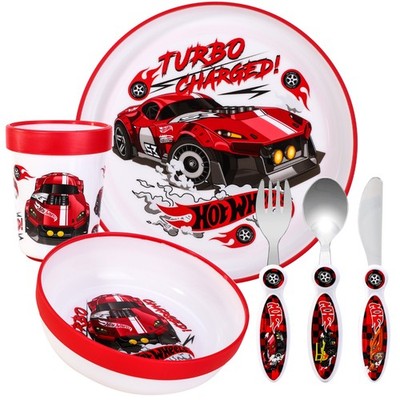 Hot Wheels Kinder 6-teiliges Geschirr Besteck Set - Teller/Schale/Tasse/Messer/Gabel/Löffel