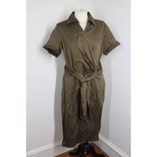 Talbots 16 Olive Green Wrap Tie Belt Cotton Stretch Short Sleeve Midi Dress