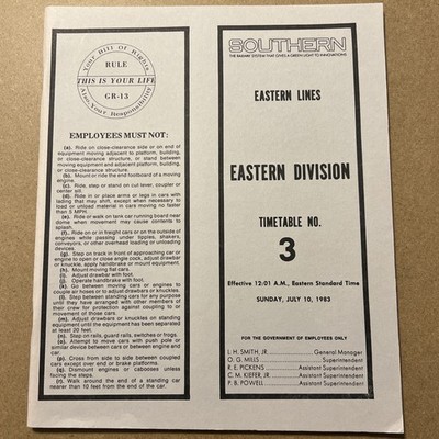 Southern Railway System Timetable #3 Eastern Division 1983 Eastern Lines
