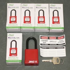 (6) Zing Lockout Padlocks 7030, Keyed Different, Red Plastic, 1/4" Steel Shackle