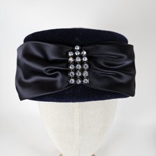 VTG Merrimac Velour Regale Pillbox Hat Womens Navy Blue Bow Rhinestone Cocktail