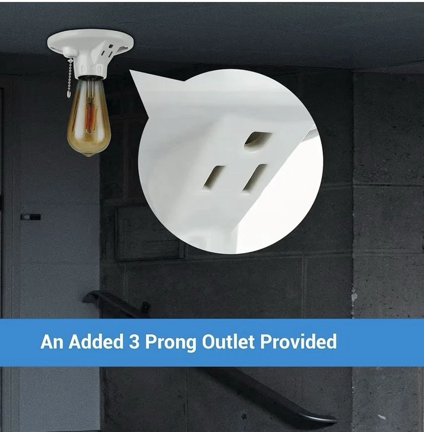 2 Pack Light Socket with Grounded Outlet, Pull Chain E26/E27 Base - Image 3 of 4