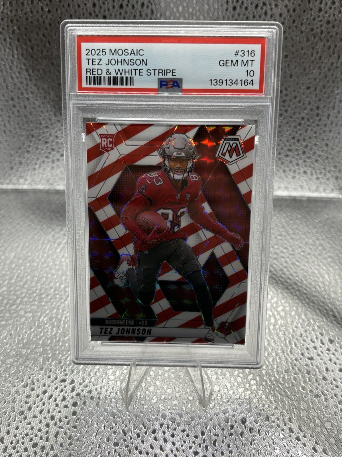 2025 Panini Mosaic Tez Johnson Rookies RC Red and White Stripe Prizm #316 PSA 10