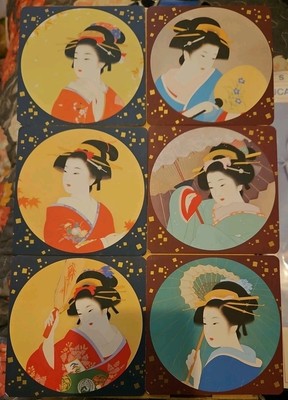 Bijinga Japan Geisha Coasters Set of 6 Paper Peacock Card Vintage