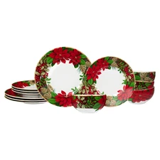 222 Fifth December Blooms 12-Piece Porcelain Dinnerware Set Holiday 