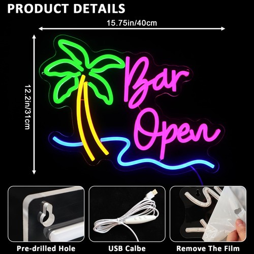 Bar Open Sign for Business, Neon Open Sign, USB Dimmable Palm Tree Neon Light... - Picture 2 of 7