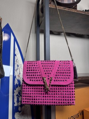 Authentic Versace Virtus Pink Crystal Studded Crossbody Bag On Chain