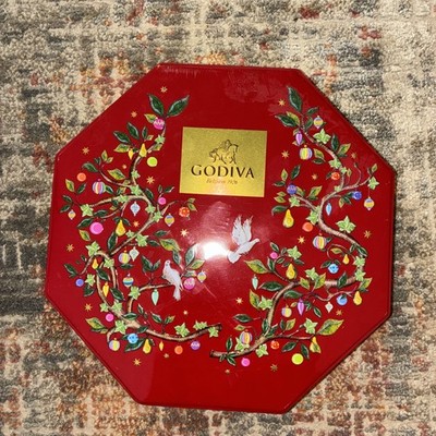 Godiva Chocolates Empty Tin Red Branches With Ornaments Octagon 10 