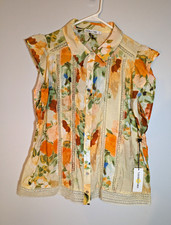 NWT Figueroa  Flower Beige Floral Collared Lace Button Front Woven Blouse L