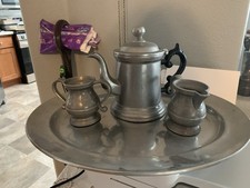 Antique Pewter Tea Set With Tray 6 Cup Pot And Sugar  Creamer