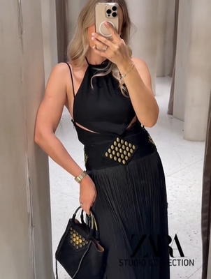 Zara Limited Edition Studded Tassel Sash Belt Black Gold W32 W34