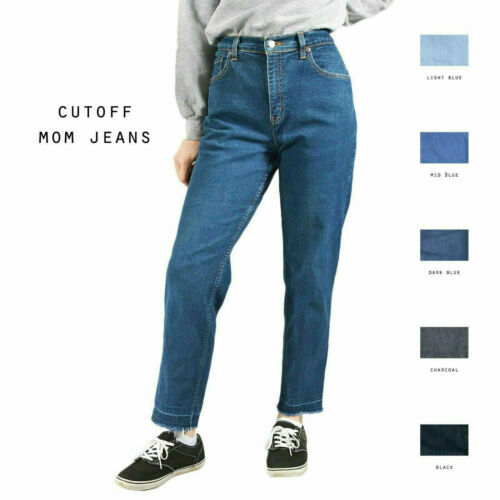 Kancan Women's High Rise Distressed Mom Jeans - Frayed Hem, Medium Wash, Comfort Fit (30 Regular)
