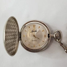 Speidel Quartz Classic Engravable Brushed Pocket Watch & Fob Chain Needs Battery
