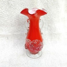 Vintage Fiore Vaso Floreale Bianco Rosso Vetro Handmade Pontil Segno Decorativi