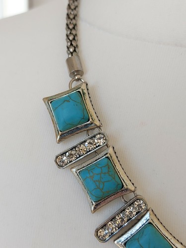 Silvertone Snake Chain Faux Turquoise Stone Necklace with Diamante - Picture 8 of 11