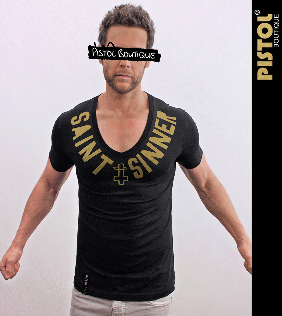 T-shirt Homme Pistol Boutique Noir - Col V Profond Ajusté - Motif Croix - Neuf Avec étiquettes