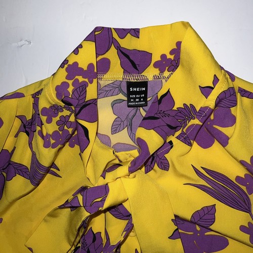 Shein Women's Yellow Purple Floral Blouse Top With Bow Short Sleeve Size M - Picture 5 of 6