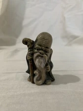 Old Crow Stoneware 2” Pottery Old Wise Man Cane Stick Figurine Asian Shou Xing