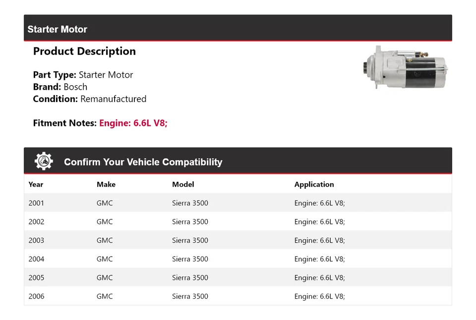 Arranque Bosch V8 6,6 L 2001-2006 GMC Sierra 3500 (remanufacturado) 2002 2003 Foto 2 de 4