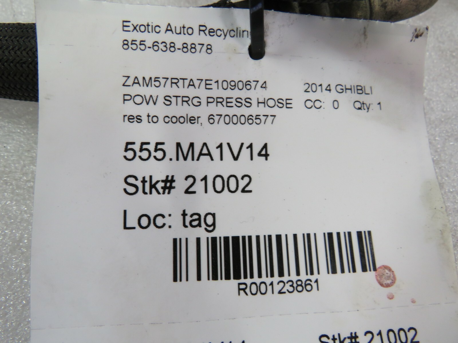 Maserati Ghibli, Reservoir To Cooling Power Steering Hose, Used, P/N 670006577