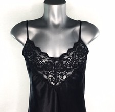 Romantic Moods VTG Black Chemise Lingerie Poly Lace Slip Made in USA Women M