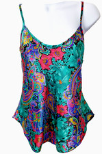 Vintage 80s Satin Lingerie Top M Jewel Tone Cami Camisole Paisley Floral Shiny