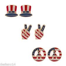 Stars and Stripes Girl's Women's Gold Tone Stud Earrings Set of 3 One Size New