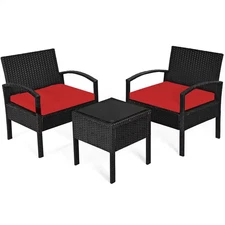 3-Piece Patio Rattan Furniture Set Table Conversation Sofa Cushioned Red