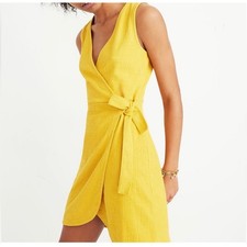 Madewell Boho Yellow Linen Blend Wrap Dress Tie Waist V Neck Sleeveless Midi M