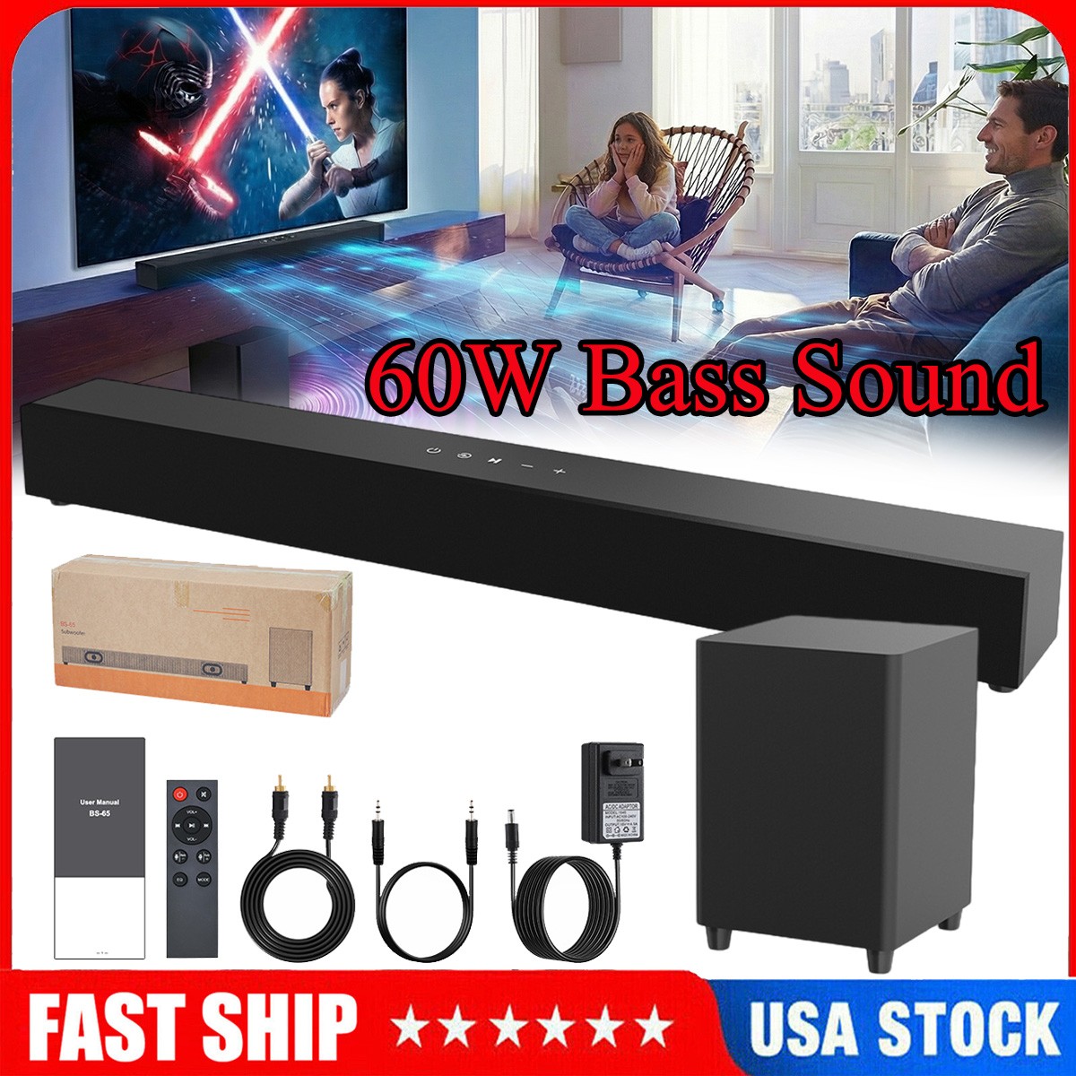 Bar With Subwoofer For Smart Tv Home Theater Surround System Aux