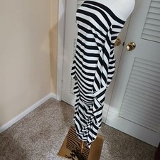 SHEIN small UNIQUE strapless ruffle gathered side LONG dress black white striped