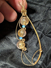 Handcrafted Wire Wrapped Teardrop Charm Pendant Necklace Gold Tone Clear Beads