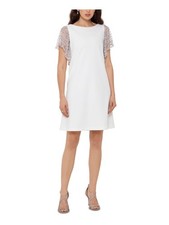 XSCAPE Womens White Short Sleeve Crew Neck Short Evening Shift Dress 12