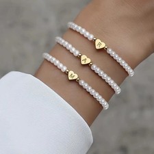 Personalized Elastic Bracelet With Beads  Heart Pendant - Letter A - G...