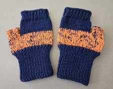 Handknit Fingerless Gloves - Blue  Orange