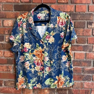 Classic Elements womens floral Hawaiian style casual button up shirt blue XL